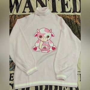 Pink Turtleneck Sweater with Cute Cow Milk Graphic